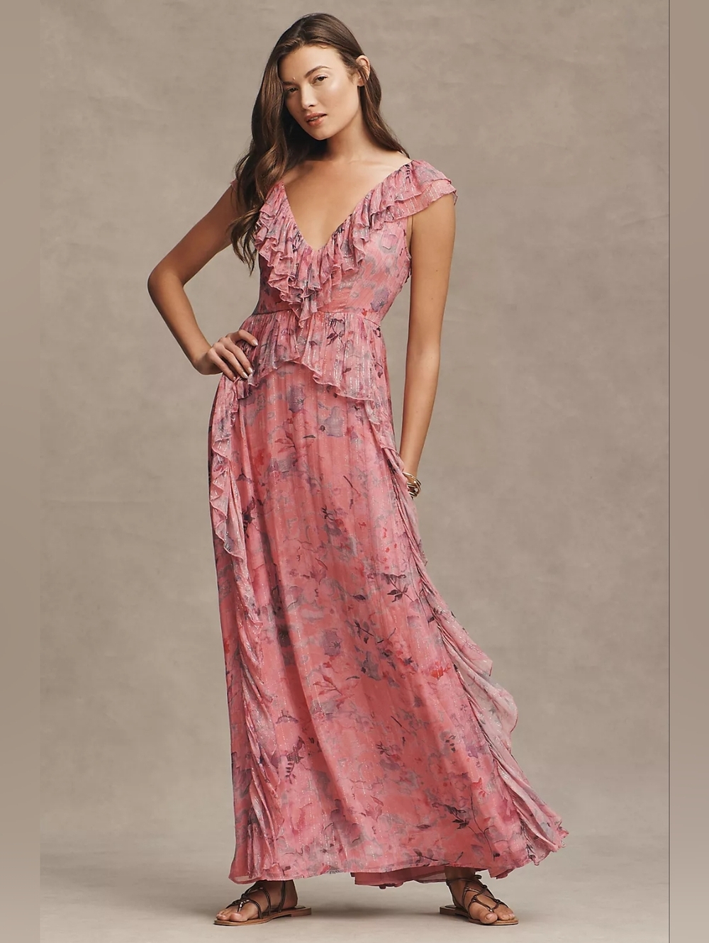 ANTHROPOLOGIE BHLDN Lyla Printed V-neck Pink Ruffled Chiffon Maxi Gown Sz Small